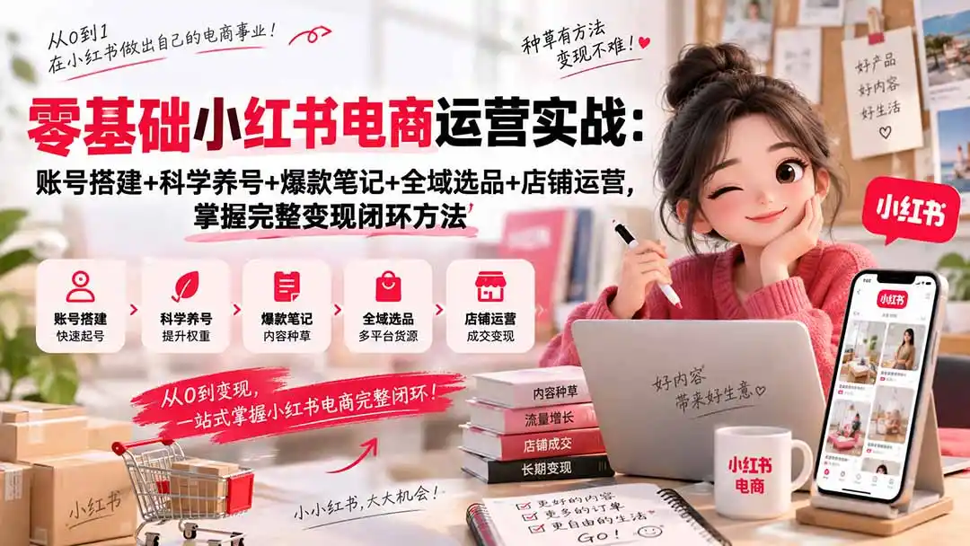 零基础小红书电商运营实战：账号搭建+科学养号+爆款笔记+全域选品+店铺运营，掌握完整变现闭环方法-云启智联