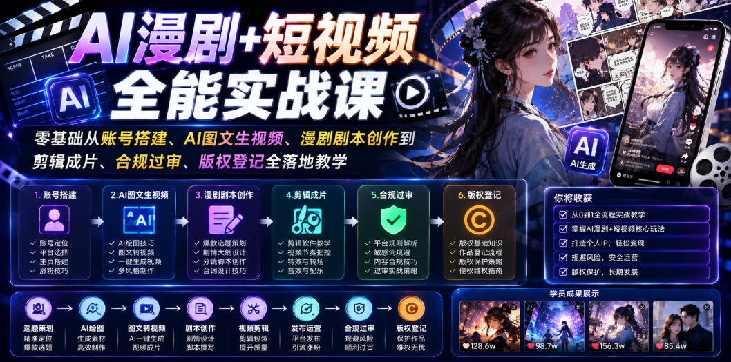 AI漫剧+短视频全能实战课｜零基础从账号搭建、AI图文生视频、漫剧剧本创作到剪辑成片、合规过审、版权登记全落地教学-云启智联