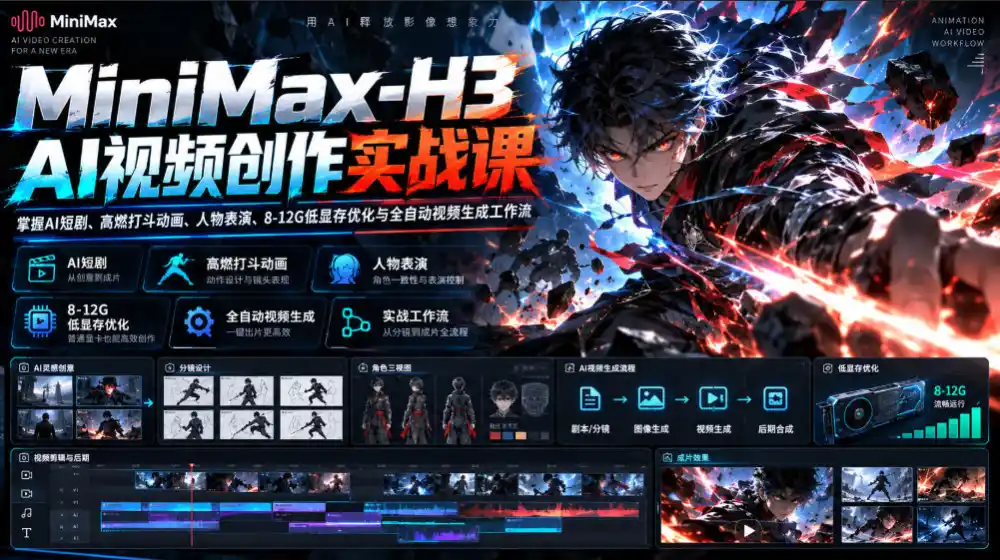 MiniMax-H3 AI视频创作实战课，掌握AI短剧、高燃打斗动画、人物表演、8-12G低显存优化与全自动视频生成工作流-云启智联