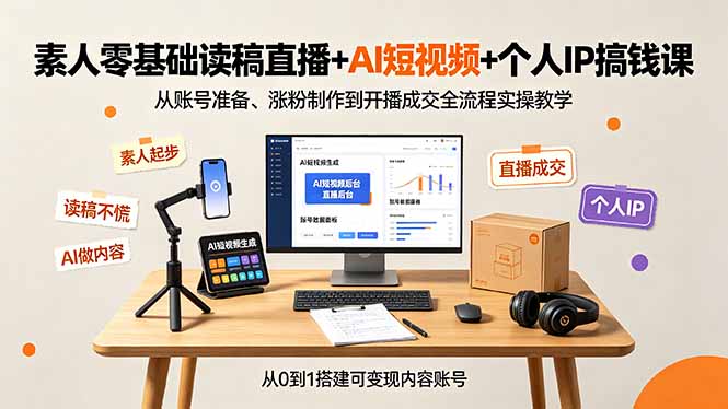 素人零基础读稿直播+AI短视频+个人IP搞钱课，从账号准备、涨粉制作到开播成交全流程实操教学-云启智联