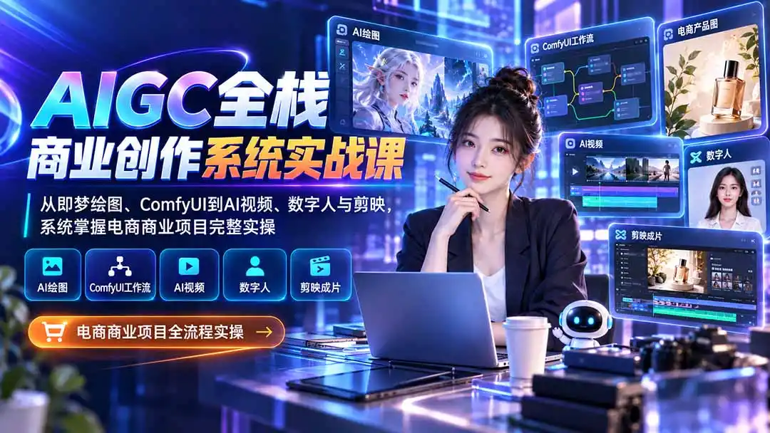 AIGC全栈商业创作系统实战课-无水印：从即梦绘图、ComfyUI到AI视频、数字人与剪映，系统掌握电商商业项目完整实操-云启智联