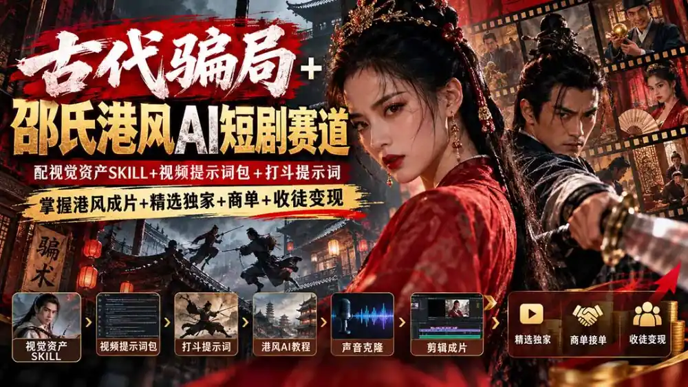 古代骗局+邵氏港风AI短剧赛道：配视觉资产SKILL+视频提示词包+打斗提示词，掌握港风成片+精选独家+商单+收徒变现-云启智联