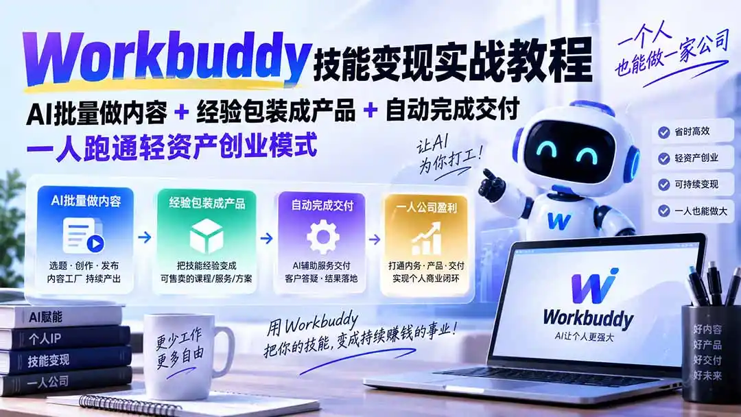 Workbuddy技能变现实战教程：AI批量做内容+经验包装成产品+自动完成交付，一人跑通轻资产创业模式-云启智联