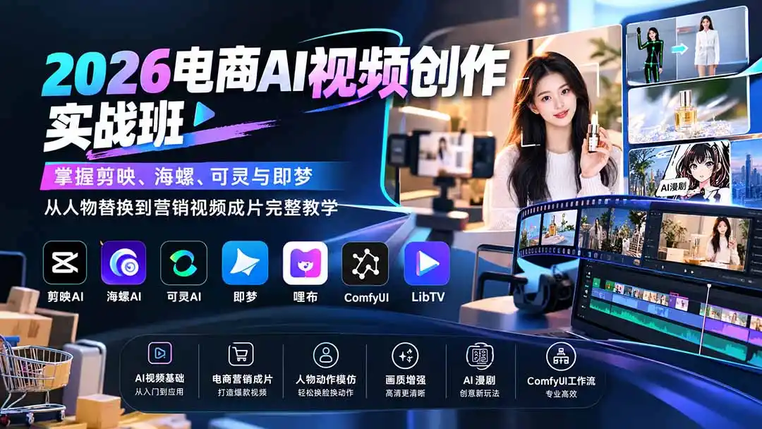 2026电商AI视频创作实战班：掌握剪映、海螺、可灵与即梦，从人物替换到营销视频成片完整教学-云启智联