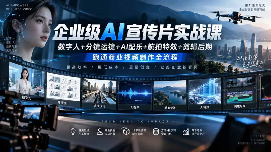 企业级AI宣传片实战课｜数字人+分镜运镜+AI配乐+航拍特效+剪辑后期，跑通商业视频制作全流程-云启智联