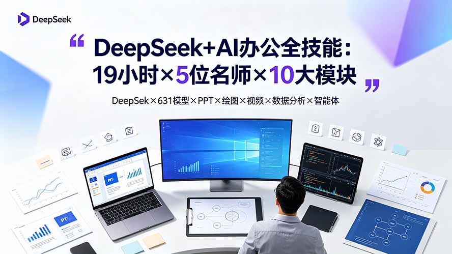 DeepSeek+AI办公全技能：19小时×5位名师×10大模块，DeepSeek×631模型×PPT×绘图×视频×数据分析×智能体-云启智联