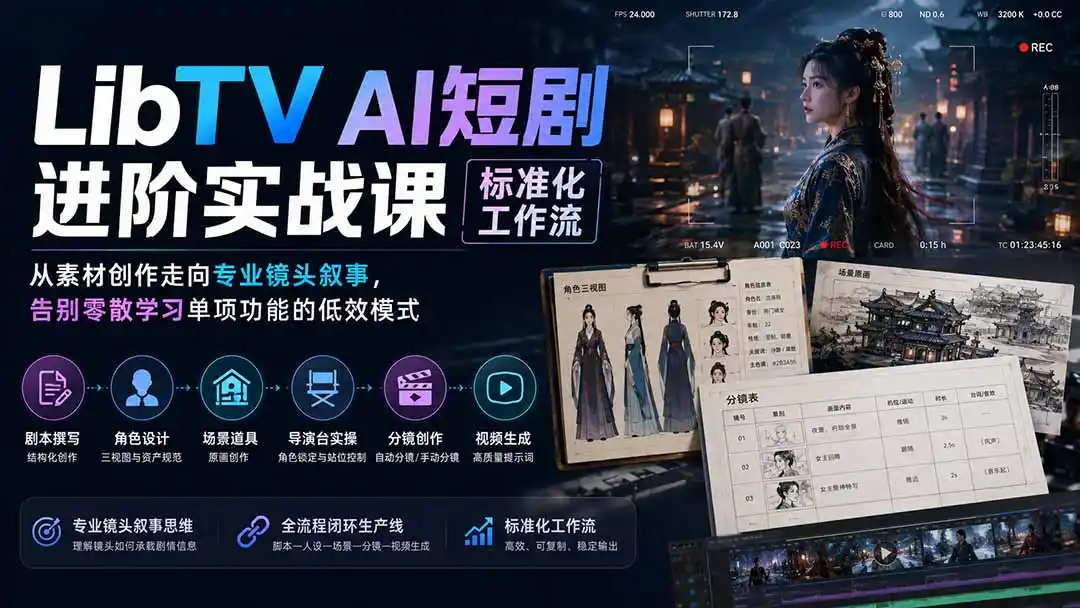 LibTV AI短剧进阶实操课标准化工作流；从素材创作走向专业镜头叙事，告别零散学习单项功能的低效模式-云启智联