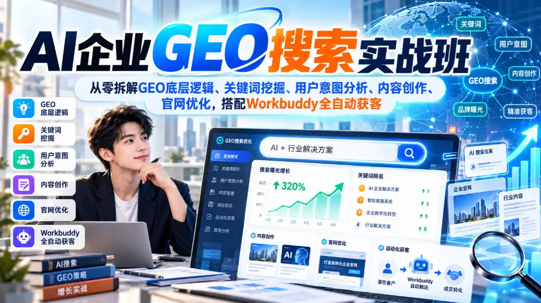 AI企业GEO搜索实战班，从零拆解GEO底层逻辑、关键词挖掘、用户意图分析、内容创作、官网优化，搭配Workbuddy全自动获客-云启智联