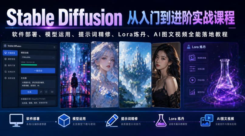 Stable Diffusion从入门到进阶实战课程｜软件部署、模型运用、提示词精修、Lora炼丹、AI图文视频全能落地教程-云启智联