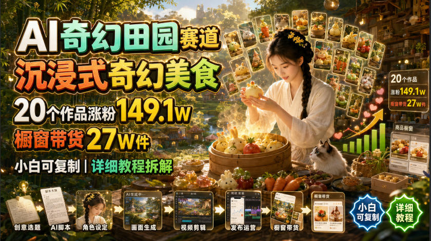 AI奇幻田园赛道，沉浸式奇幻美食，20个作品涨粉149.1W，橱窗带货27W件，小白可复制，详细教程拆解-云启智联