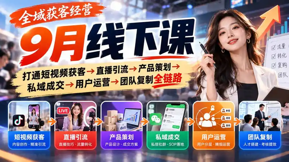 全域获客经营9月线下课：打通短视频获客→直播引流→产品策划→私域成交→用户运营→团队复制全链路-云启智联