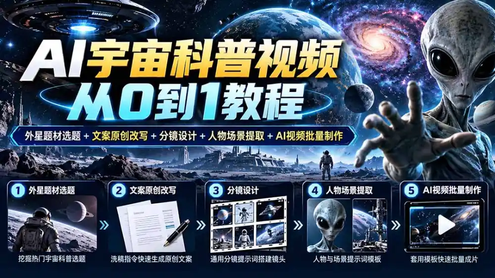 AI宇宙科普视频从0到1教程｜外星题材选题+文案原创改写+分镜设计+人物场景提取+AI视频批量制作-云启智联