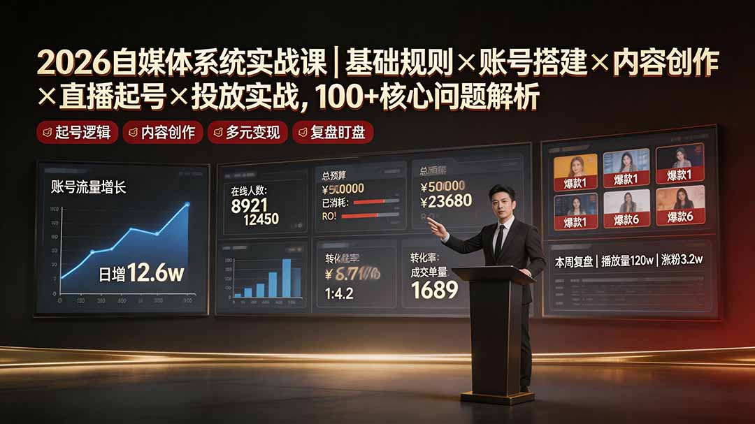 2026自媒体系统实战课｜基础规则×账号搭建×内容创作×直播起号×投放实战，100+核心问题解析-云启智联