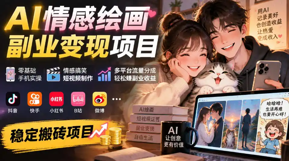 AI情感绘画副业变现项目｜零基础手机实操，情感搞笑短视频制作，多平台流量分成轻松賺副业收益-云启智联