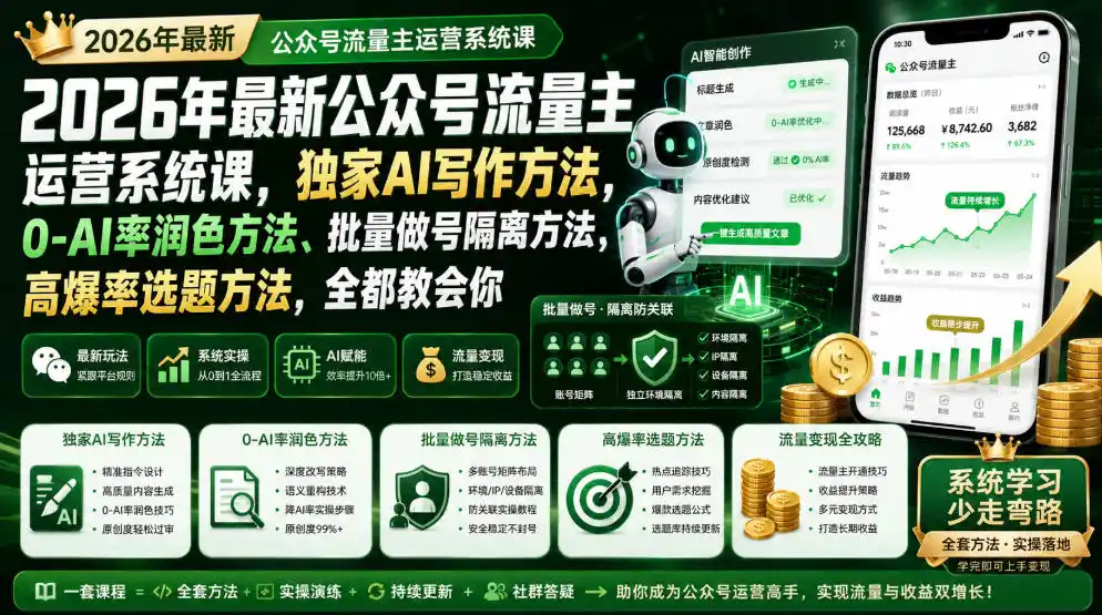 2026年最新公众号流量主运营系统课，独家AI写作方法，0-AI率润色方法、批量做号隔离方法、高爆率选题方法，全都教会你(更新1009)-云启智联
