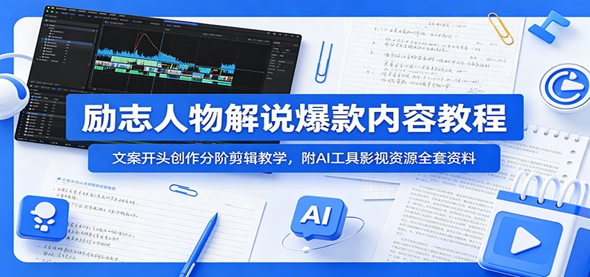 励志人物解说爆款内容教程：文案开头创作分阶剪辑教学，附AI 工具影视资源全套资料-云启智联