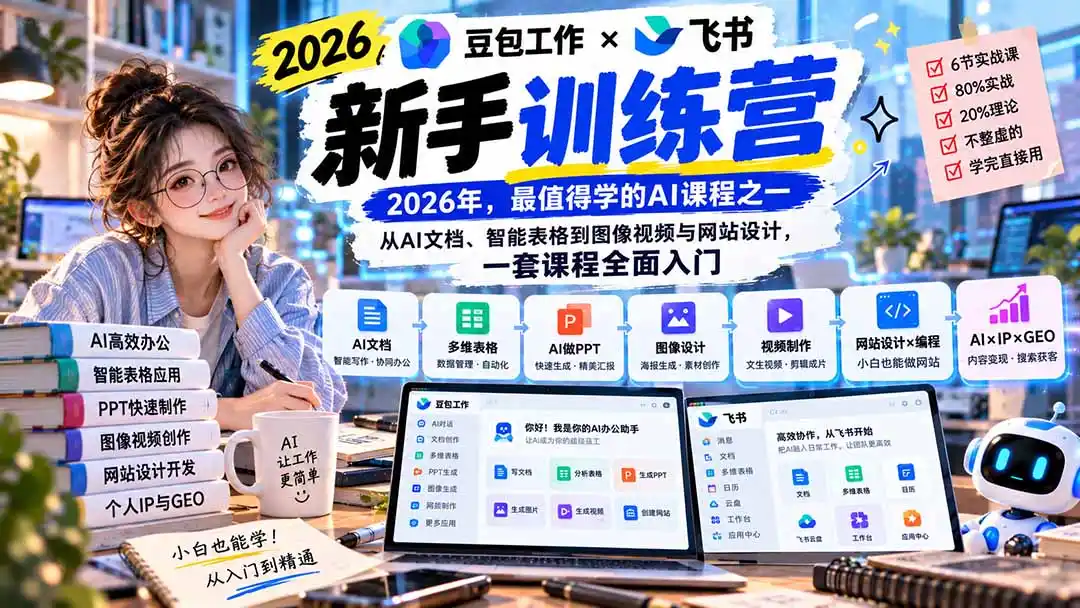 2026豆包工作+飞书新手训练营-9月新课：从AI文档、智能表格到图像视频与网站设计，一套课程全面入门-云启智联