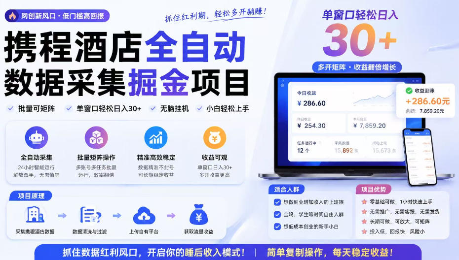 携程酒店全自动采集项目，全程自动浏览，可批量矩阵放大，单机日收300+【揭秘】-云启智联