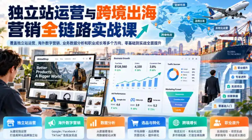 独立站运营与跨境出海营销全链路实战课,覆盖独立站运营、海外数字营销、业务数据分析和职业成长等多个方向,零基础到实战全面提升-云启智联