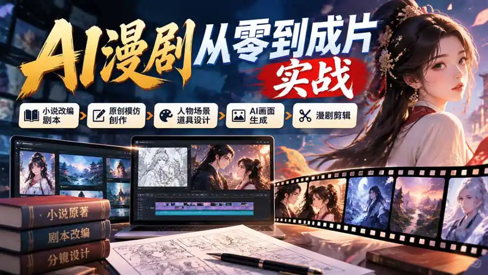AI漫剧从零到成片实战：小说改编剧本、原创模仿创作、人物场景道具设计、AI画面生成与漫剧剪辑-云启智联