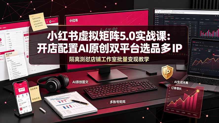 小红书虚拟矩阵5.0实战课：开店配置｜AI原创｜双平台选品｜多IP隔离｜测怼店铺工作室批量变现实操教学-云启智联