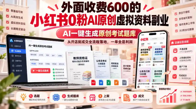 外面收费600的小红书0粉AI原创虚拟资料副业，AI一键生成原创考试题库，从开店到成交全流程落地，一单全是利润-云启智联