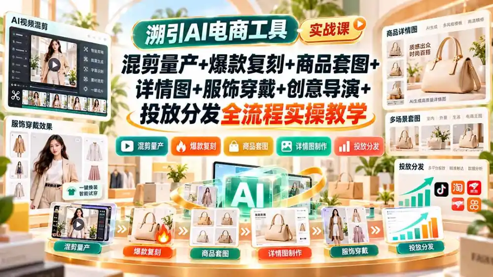 溯引AI电商工具实战课:混剪量产+爆款复刻+商品套图+详情图+服饰穿戴+创意导演+投放分发全流程实操教学-云启智联
