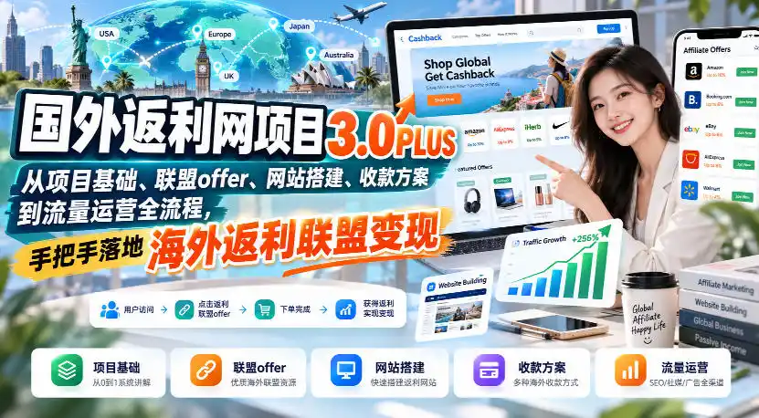 国外返利网项目3.0PLUS，从项目基础、联盟offer、网站搭建、收款方案到流量运营全流程，手把手落地海外返利联盟变现-云启智联