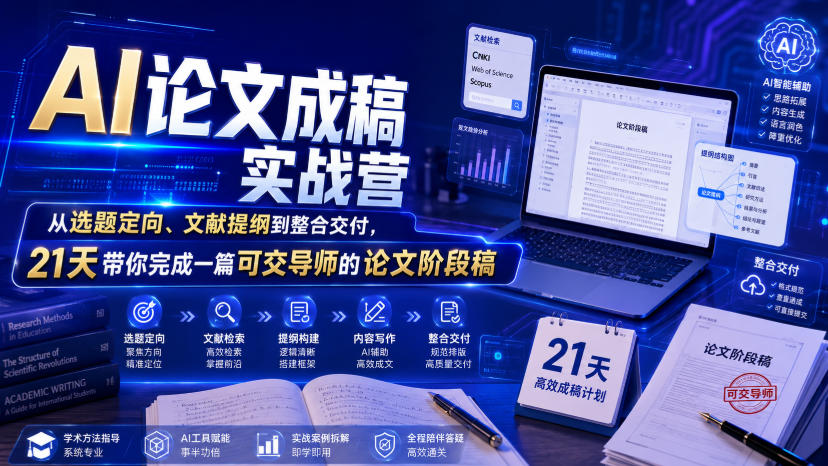 AI论文成稿实战营，从选题定向、文献提纲到整合交付，21天带你完成一篇可交导师的论文阶段稿-云启智联