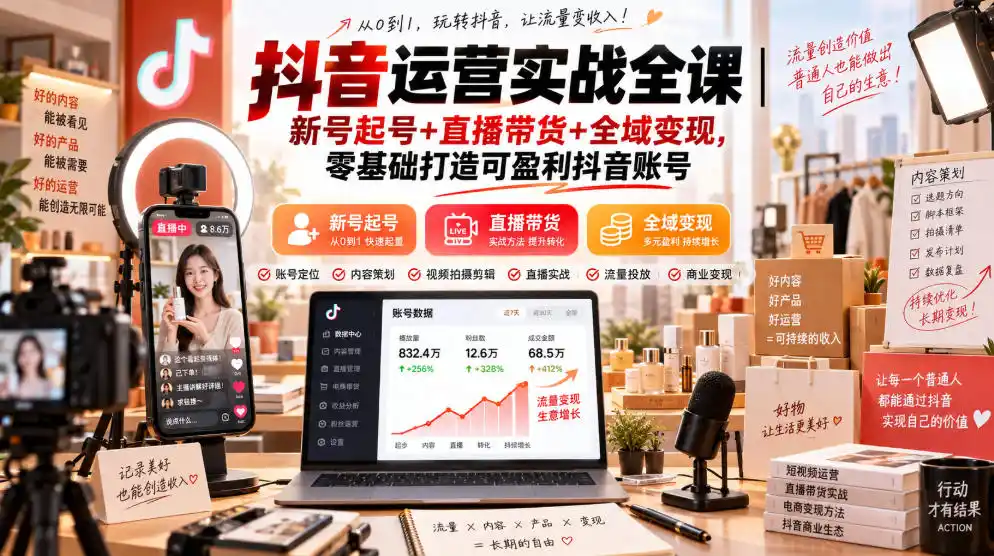 抖音运营实战全课｜新号起号+直播带货+全域变现，零基础打造可盈利抖音账号-云启智联