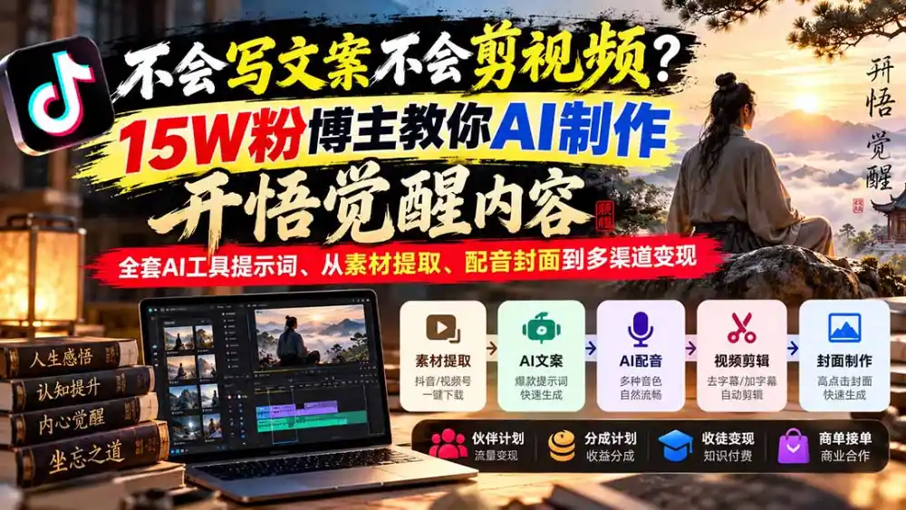 不会写文案不会剪视频?15W粉博主教你AI制作开悟觉醒内容,全套AI工具提示词、从素材提取、配音封面到多渠道变现-云启智联