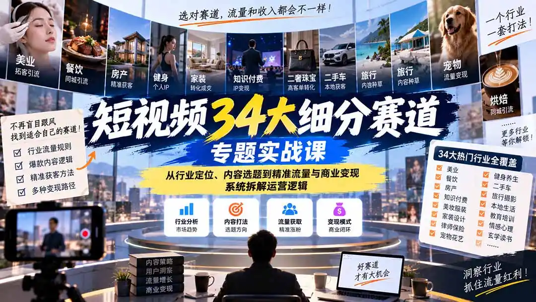短视频34大细分赛道专题实战课：从行业定位、内容选题到精准流量与商业变现，系统拆解运营逻辑-云启智联
