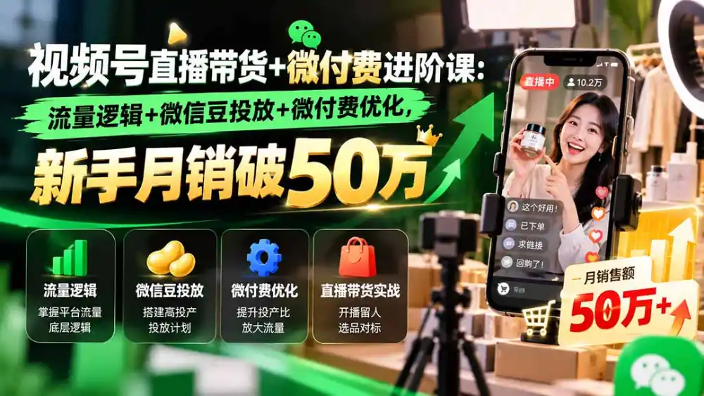视频号直播带货+微付费进阶课-更新1010：流量逻辑+微信豆投放+微付费优化，新手月销破50万-云启智联