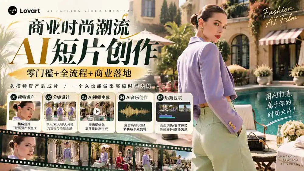 从一张模特图到高级时尚广告大片：AI三视图资产、场景合成、电影分镜、动态生成与复古音乐剪辑实战课-云启智联