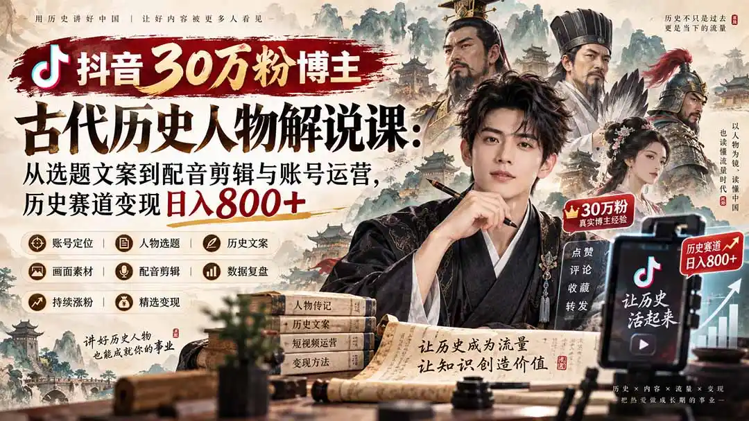 抖音30万粉博主古代历史人物解说课：从选题文案到配音剪辑与账号运营，历史赛道变现日入800+-云启智联