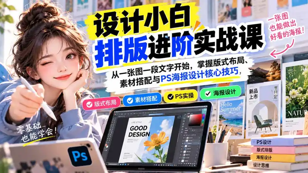 设计小白排版进阶实战课：从一张图一段文字开始，掌握版式布局、素材搭配与PS海报设计核心技巧-云启智联