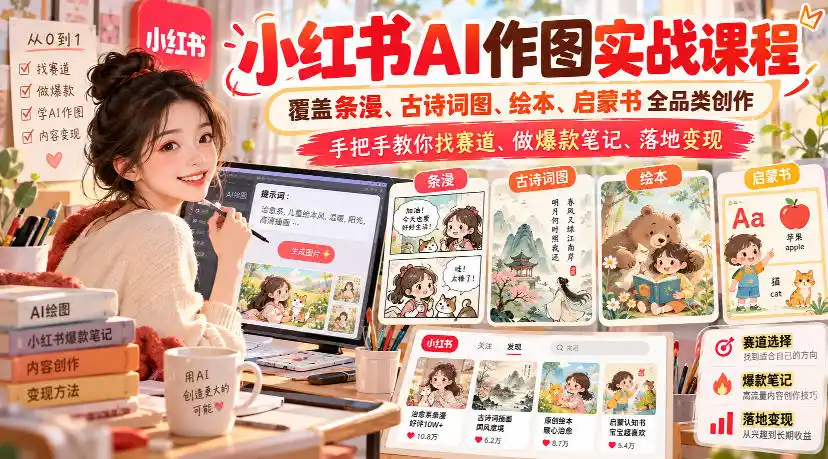 小红书AI作图实战课程，覆盖条漫、古诗词图、绘本、启蒙书全品类创作，手把手教你找赛道、做爆款笔记、落地变现(更新1017)-云启智联