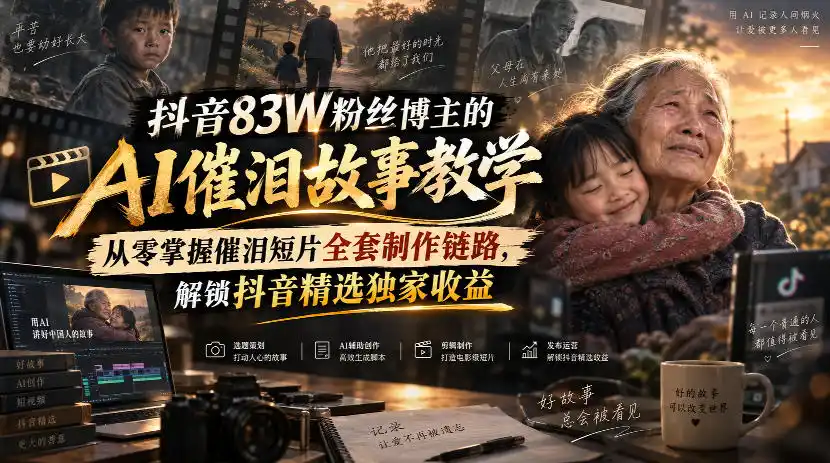 抖音83W粉丝博主的AI催泪故事教学，从零掌握催泪短片全套制作链路，解锁抖音精选独家收益-云启智联