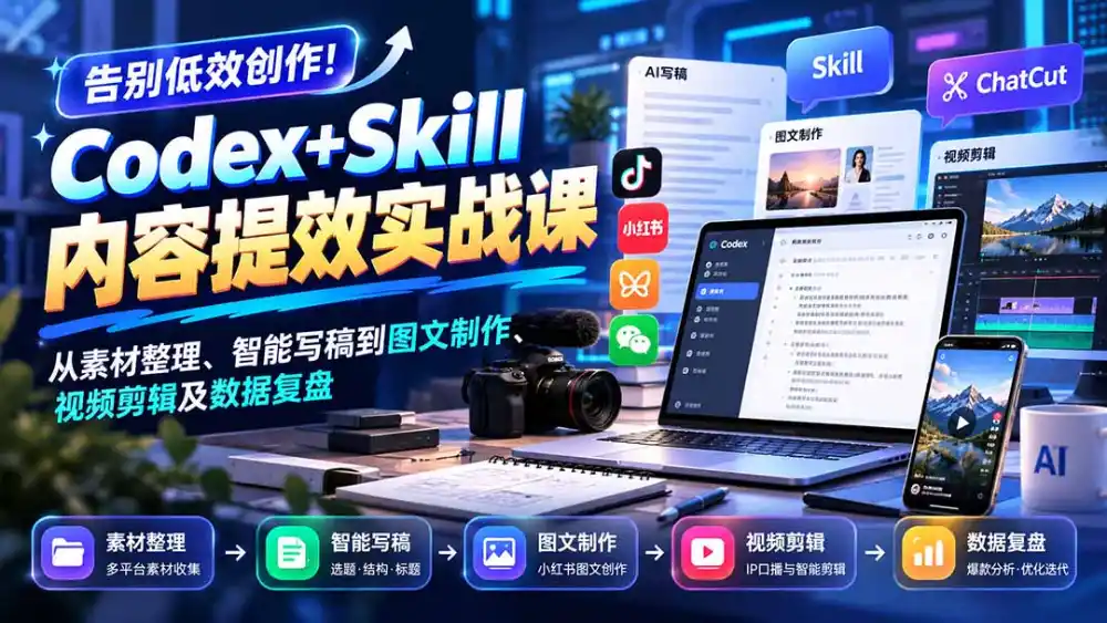 【无水印】告别低效创作！Codex+Skill内容提效实战课：从素材整理、智能写稿到图文制作、视频剪辑及数据复盘-云启智联