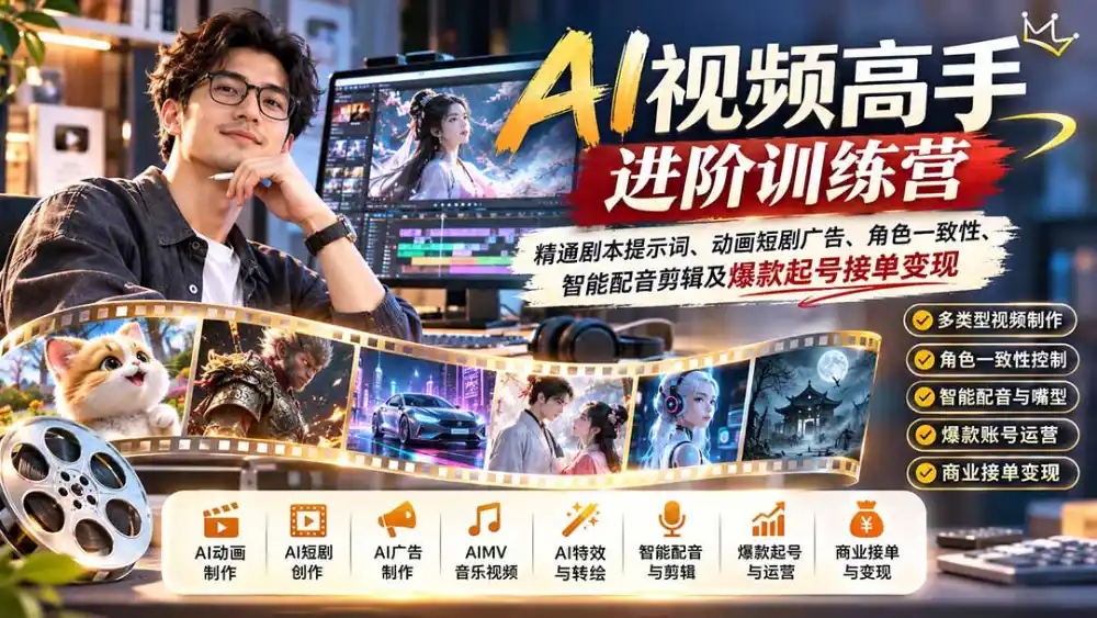 AI视频高手进阶训练营：精通剧本提示词、动画短剧广告、角色一致性、智能配音剪辑及爆款起号接单变现-云启智联