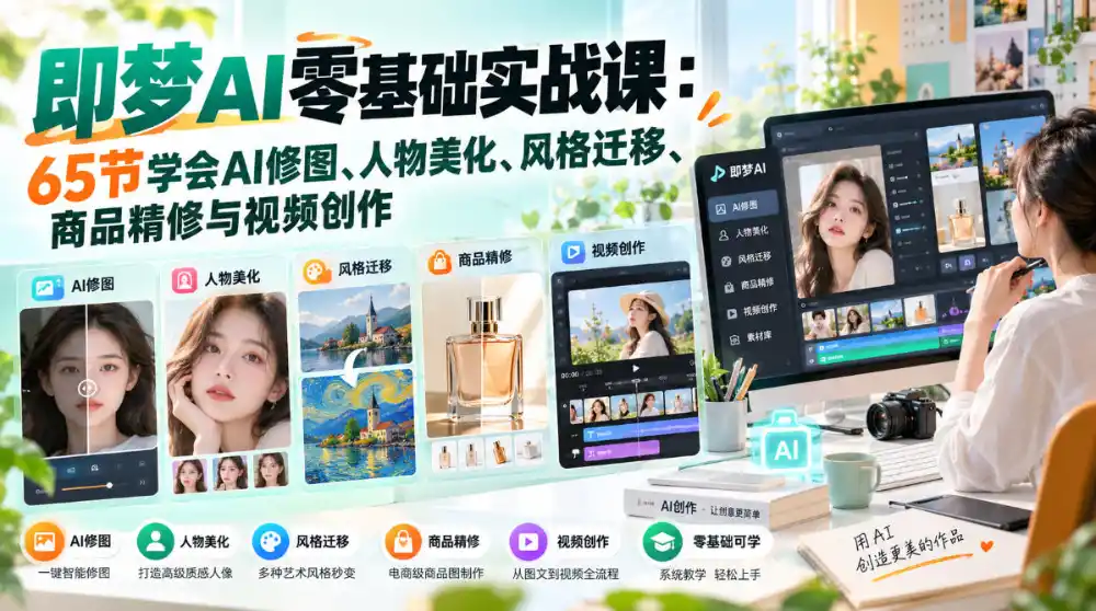 即梦AI零基础实战课:65节学会AI修图、人物美化、风格迁移、商品精修与视频创作-云启智联