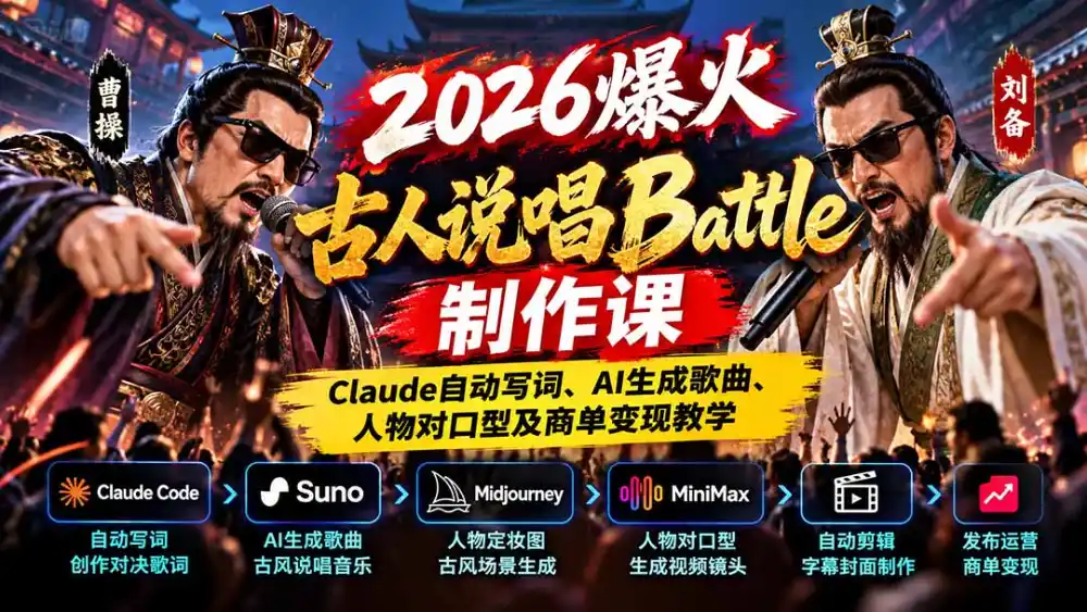 2026爆火古人说唱Battle制作课:Claude自动写词、AI生成歌曲、人物对口型及商单变现教学-云启智联