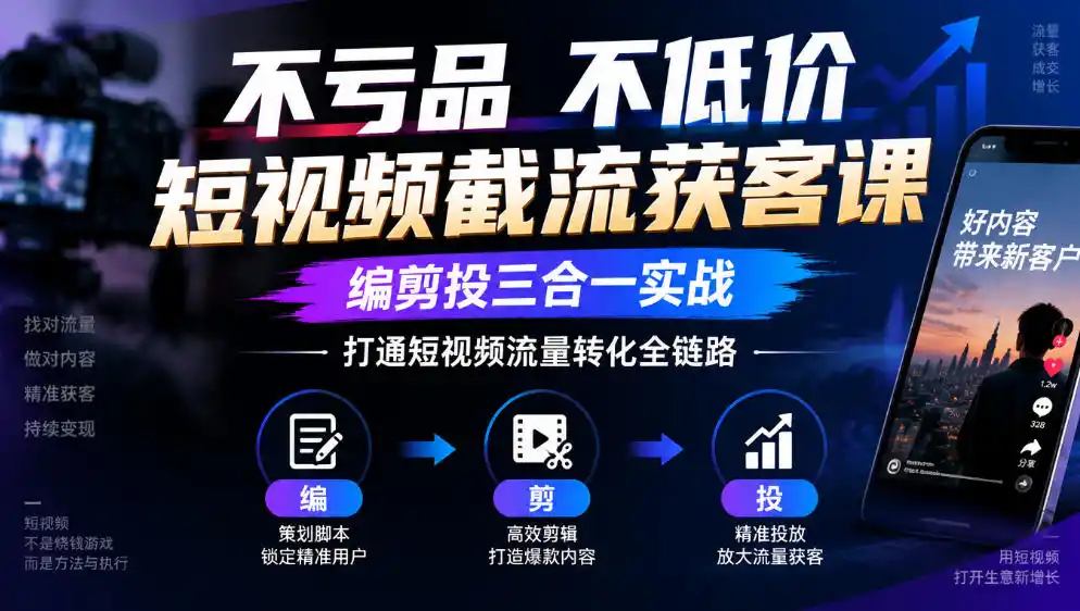 不亏品不低价短视频截流获客课，编剪投三合一实战，打通短视频流量转化全链路-云启智联