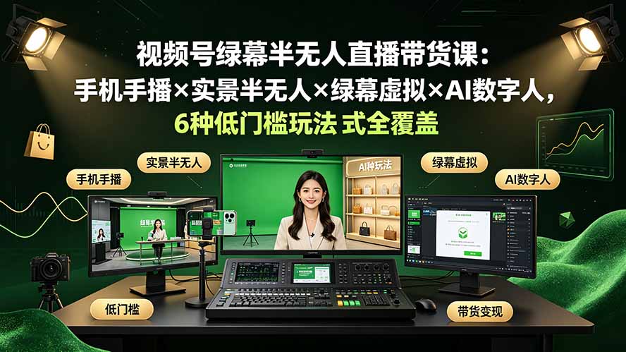 视频号绿幕半无人直播带货课：手机手播×实景半无人×绿幕虚拟×AI数字人，6种低门槛玩法全覆盖-云启智联