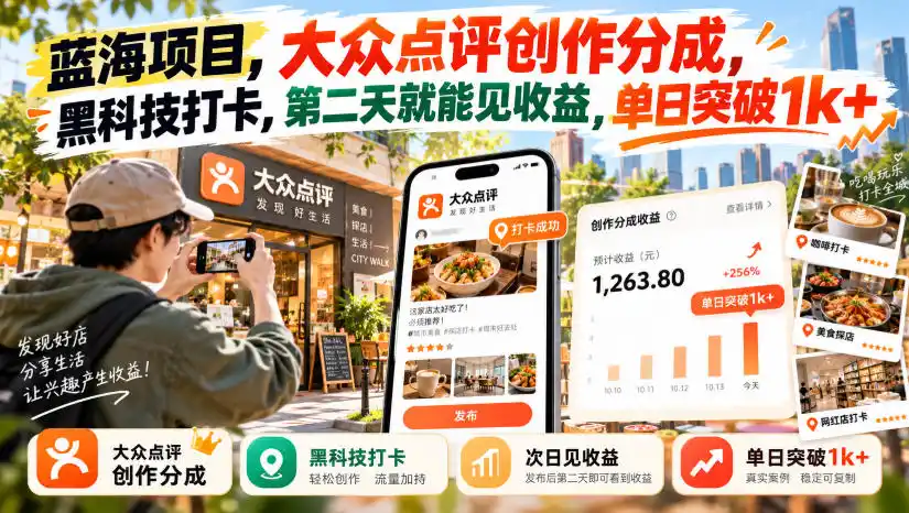 蓝海项目,大众点评创作分成,黑科技打卡,第二天就能见收益,单日突破1k+【揭秘】-云启智联