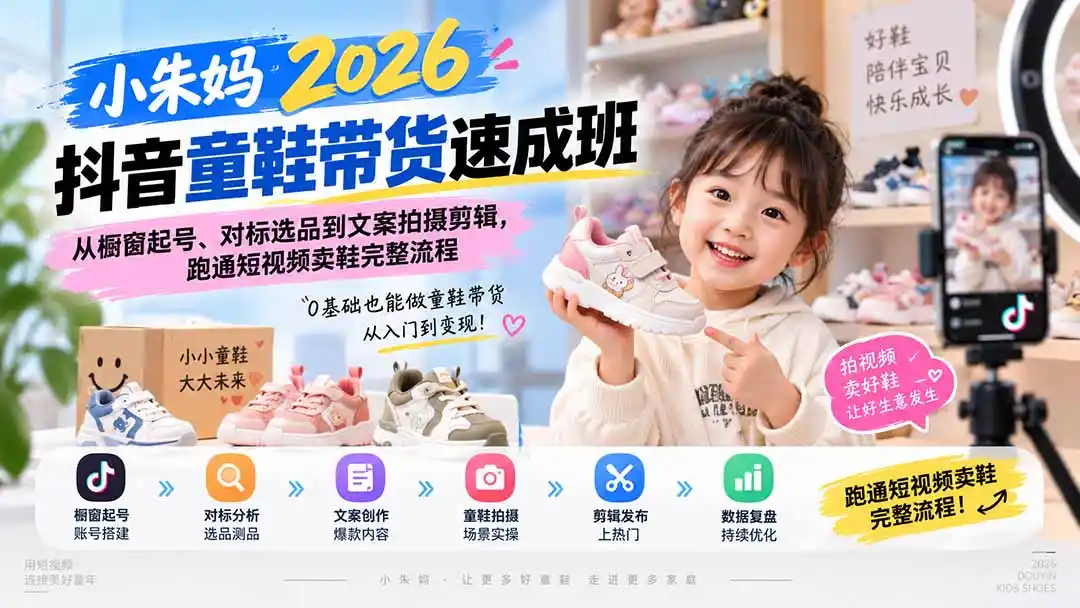 小朱妈2026抖音童鞋带货速成班：从橱窗起号、对标选品到文案拍摄剪辑，跑通短视频卖鞋完整流程-云启智联