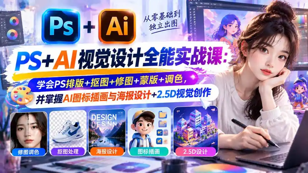 【无水印】PS+AI视觉设计全能实战课：学会PS排版+抠图+修图+蒙版+调色，并掌握AI图标插画与海报设计+2.5D视觉创作-云启智联