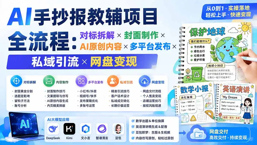 AI手抄报教辅项目全流程：对标拆解×封面制作×AI原创内容×多平台发布×私域引流×网盘变现-云启智联