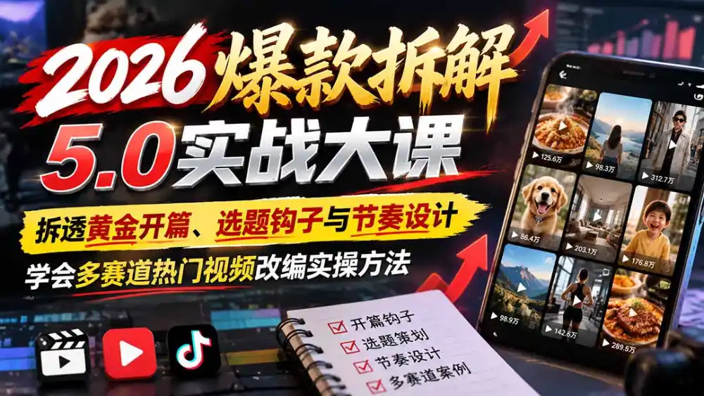 2026爆款拆解5.0实战大课：拆透黄金开篇、选题钩子与节奏设计，学会多赛道热门视频改编实操方法-云启智联
