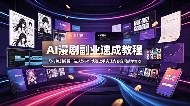 AI漫剧副业速成教程，取材编剧剪辑一站式教学；快速上手实现内容变现接单增收-云启智联